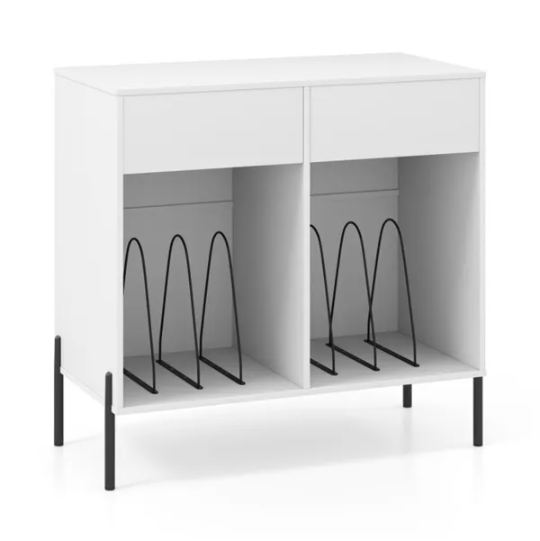 Record Player Storage Stand - Customizable Vinyl Compartments, Built-in Charging Station