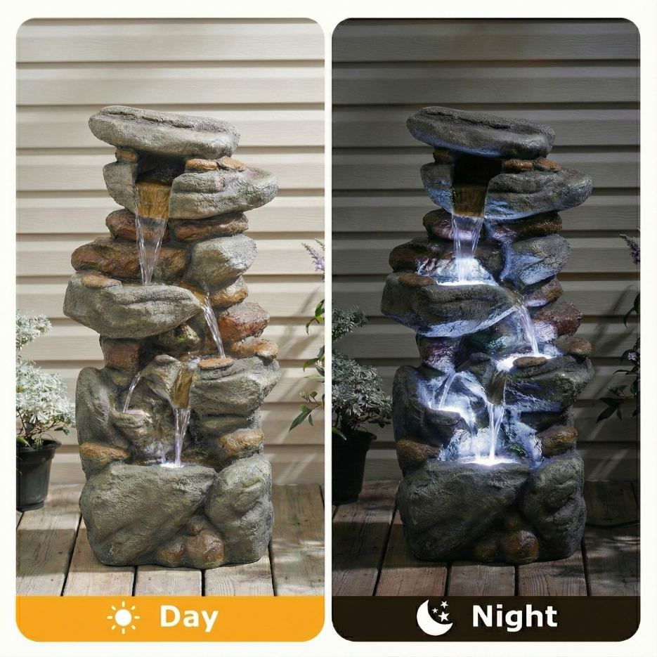 Outdoor Water Fountain Large - Stone Fountains With LED Light For Patio Yard Garden Backyard Decking Outdoor Or