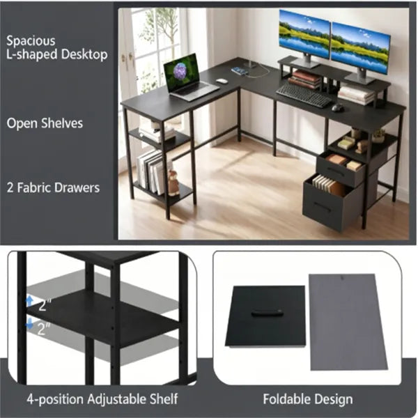 L-Shaped Corner Desk With Charging Station, Reversible Monitor Stand & Foldable Fabric Drawers - view 3