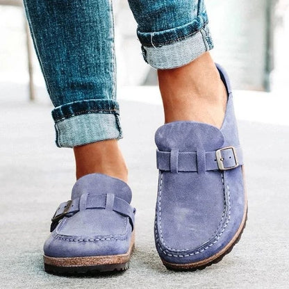 Frosted Suede Round Head Belt Buckle One Pedal Flat Comfortable Foam Bottom Slippers - view 7