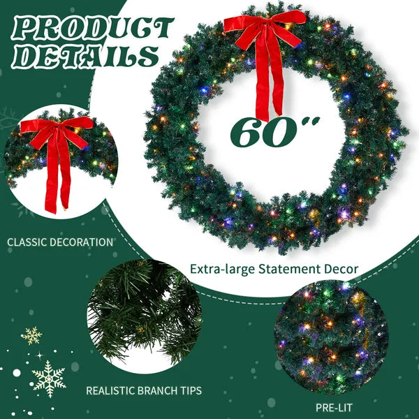 60in Pre-lit Christmas Wreath, Lighted Artificial Xmas Wreath With 220 Warm & Multi-color Lights And 600 PVC Tips - view 3