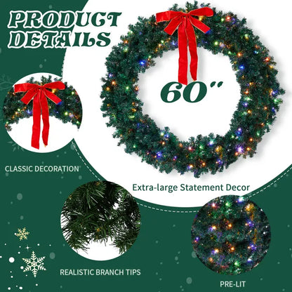 60in Pre-lit Christmas Wreath, Lighted Artificial Xmas Wreath With 220 Warm & Multi-color Lights And 600 PVC Tips - view 3
