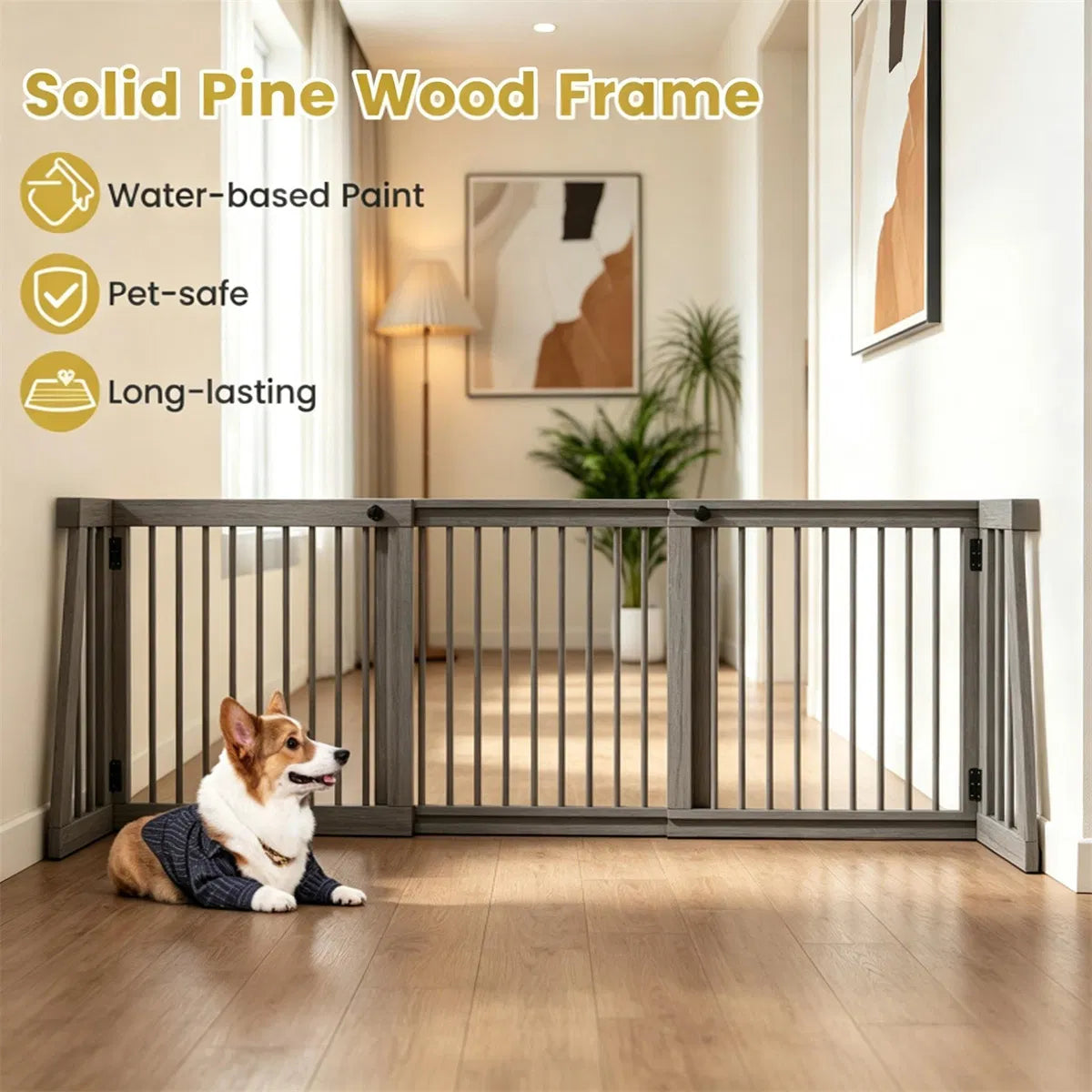 Adjustable Expandable Wooden Pet Gate 22 Inch Tall Freestanding Safety Fence - view 4