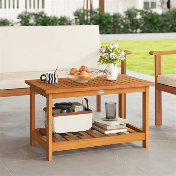 Sturdy Slatted Outdoor Coffee Table With Lower Shelf, Indoor Outdoor Multi-Purpose Center Table - view 3