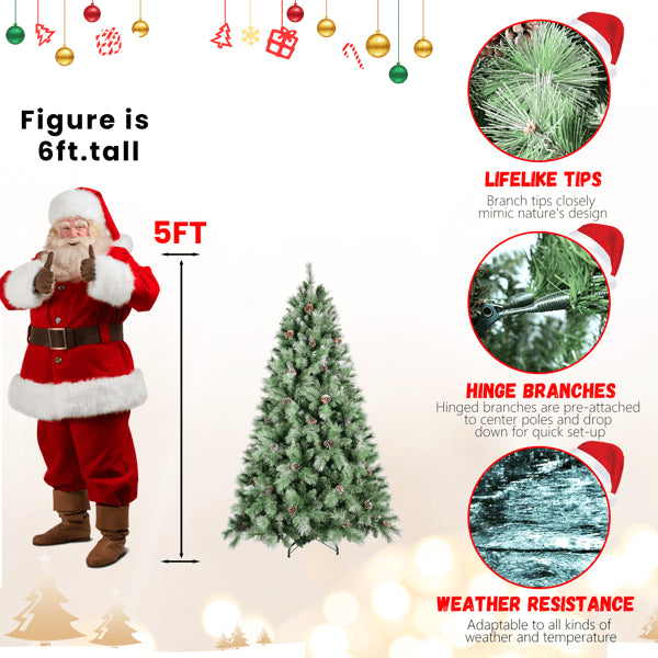 Artificial 5ft Green Christmas Tree With 694PVC Hard Needle Mixed Branch Tips, 200L Warm White Led, Pine Cone - view 4