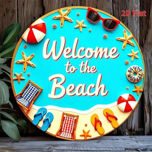 Welcome To The Beach Metal Sign 8x8 Inch Vintage Seaside Vacation Decor, Coastal Summer Wall Art Plaque