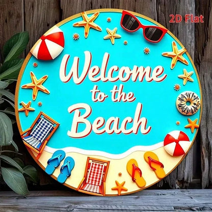 Welcome To The Beach Metal Sign 8x8 Inch Vintage Seaside Vacation Decor, Coastal Summer Wall Art Plaque