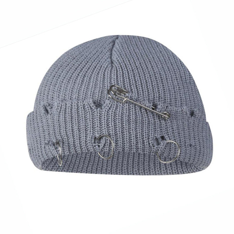 Iron Ring Pin Ripped Knit Beanie - view 10