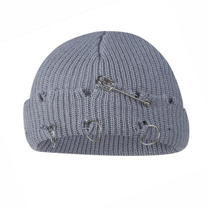 Iron Ring Pin Ripped Knit Beanie - view 10