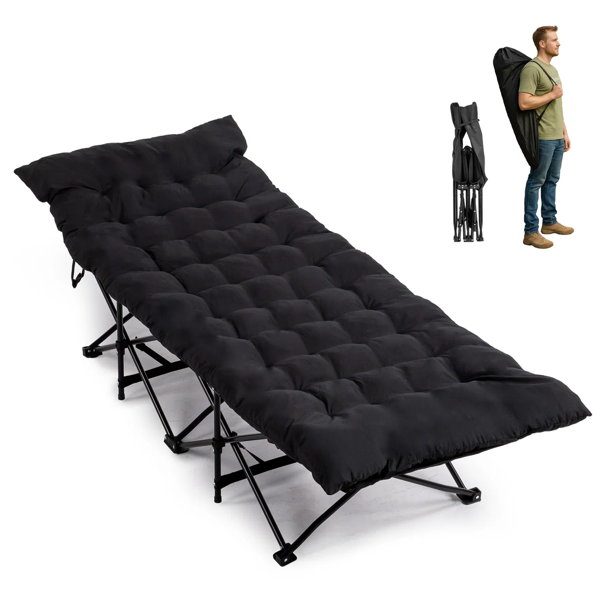 Folding Camping Cot Bed With Soft Pad, Portable Outdoor Cot, Adults Sleeping Bed For Home Office Nap Beach Travel, Black