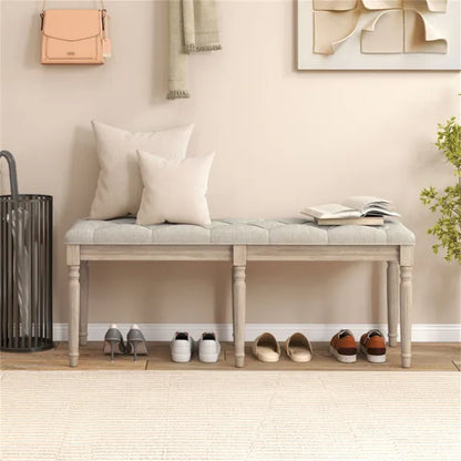 Beige 47.5" Rubber Wood Upholstered Bench With Button-Tufted Seat, 440 Lbs Capacity Retro Entryway Bedroom Bench - view 2