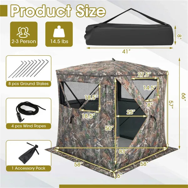 Stealth Hunting Tent With Pop-up Design, 150D Flame-Retardant Blackout Cloth (UV50+ & Waterproof), Fiber Glass Frame - view 3
