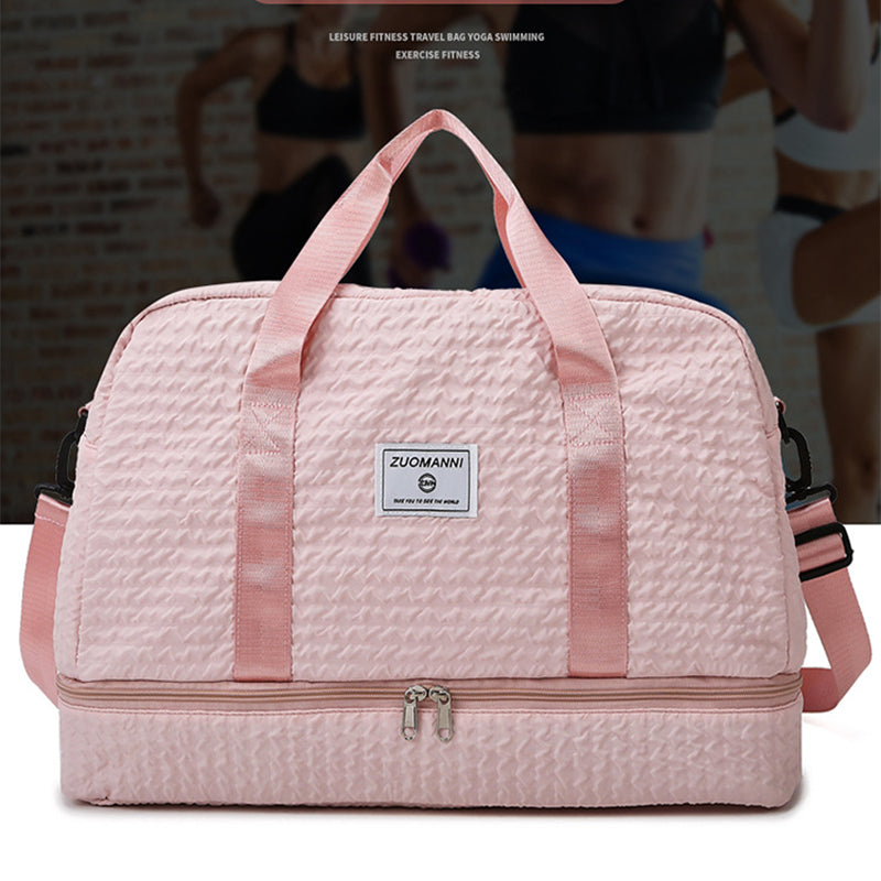 Solid Color Travel Duffle Bag With Ruched Design Portable Luggage Bag Dry And Wet Separation Fitness Gym Shoulder Bag