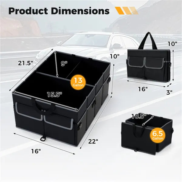 13 Gallon Car Trunk Organizer - 3 Compartments+6 Pockets, 600D Oxford Fabric, Non-Slip Base, Black - view 2