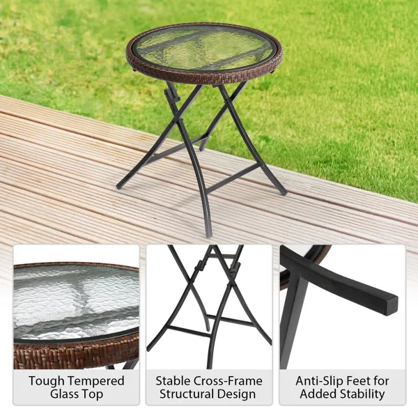 Outdoor Side Table, Round Rattan Patio Side Table, Small Foldable Wicker Table With Tempered Glass Table Top For Lawn - view 3