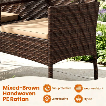2-Seat PE Wicker Patio Loveseat Set, Outdoor Rattan Sofa with 2-Tier Tempered Glass Table - view 5