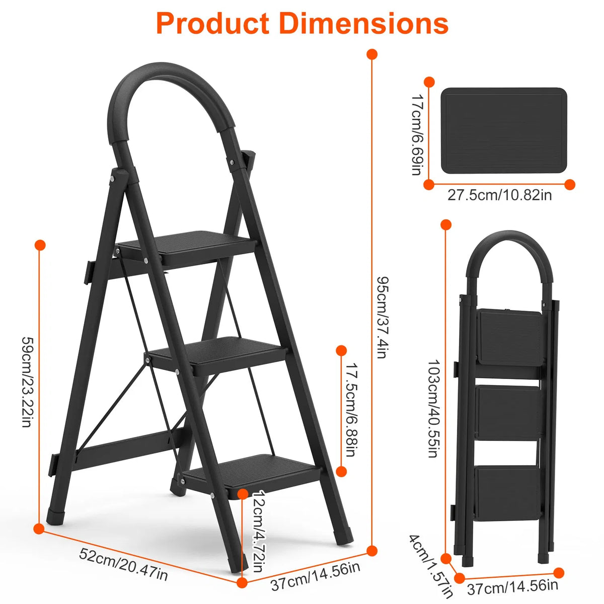 3-Step Folding Ladder, 330lbs Load Capacity, Lightweight 6.94lbs With 1.57in Folding Width - view 3