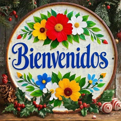 Spanish Flower Welcome Round Metal Sign 7.8x7.8in 1PC Vintage 2D HD Printed Iron Wall Decor Rustic Flat Hanging Plaque