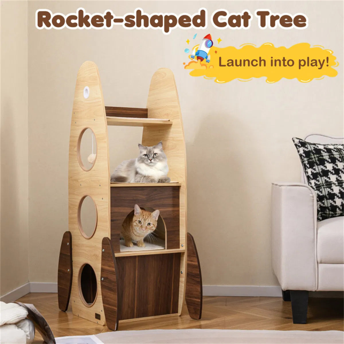 4-Tier Rocket Shape Cat Tree with 2-Tier Condo Sisal Scratch Pad Hanging Pompom Natural+White - view 10