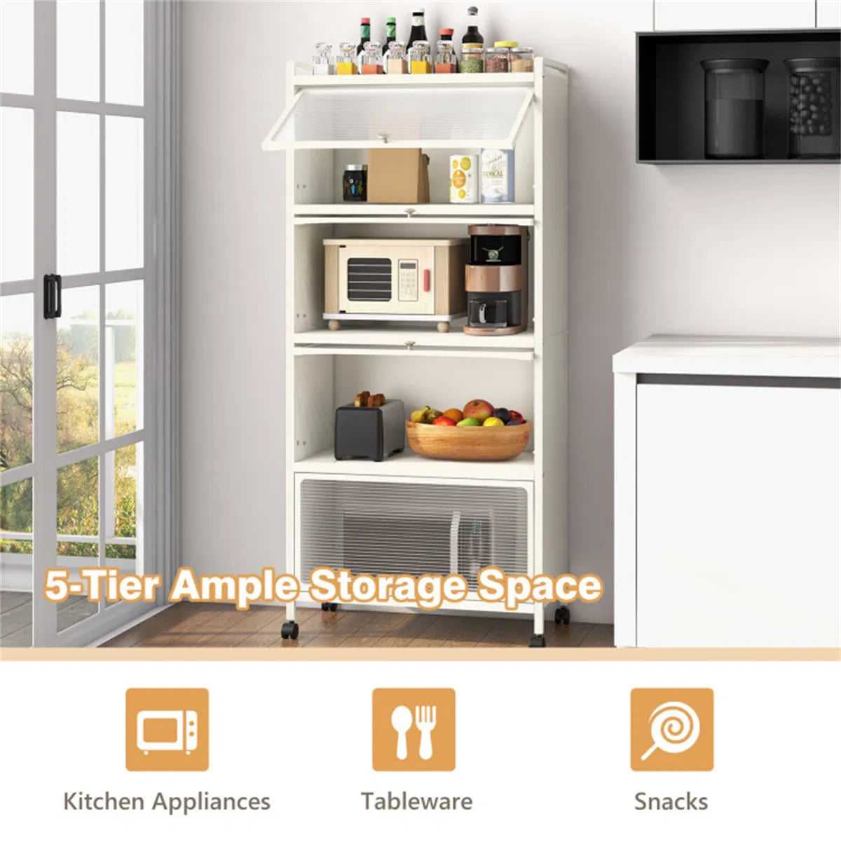 5-Tier Rolling Microwave Stand Flip Dust-Proof Doors 4 Casters with Brakes Kitchen Storage Rack White - view 5