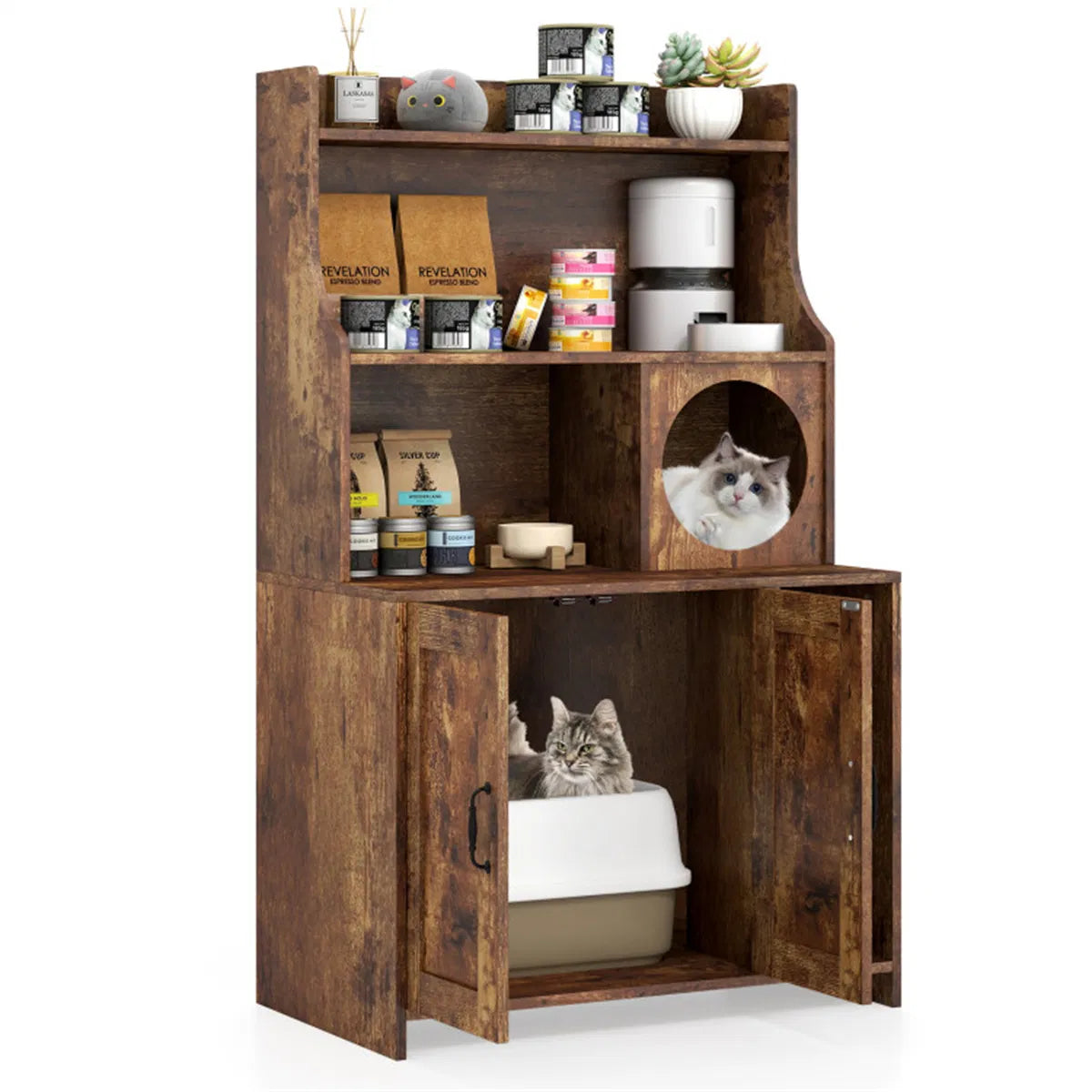 Wooden Hidden Cat Litter Box Enclosure with Storage Shelves Anti-Toppling Design Industrial Style Brown - view 6