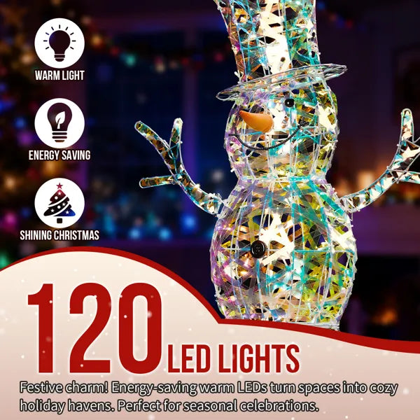 4FT Lighted Iridescent Snowman Christmas Decorations, Pre-lit Holiday Decor With 100 Warm White LED Lights For Xmas - view 2