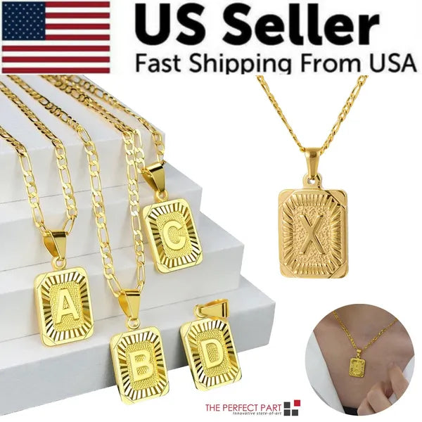 Gold Plated Initial Letter Pendant Necklace Stainless Steel Figaro Chain - view 2