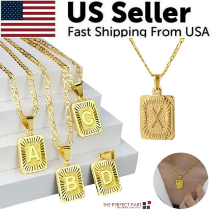 Gold Plated Initial Letter Pendant Necklace Stainless Steel Figaro Chain - view 2