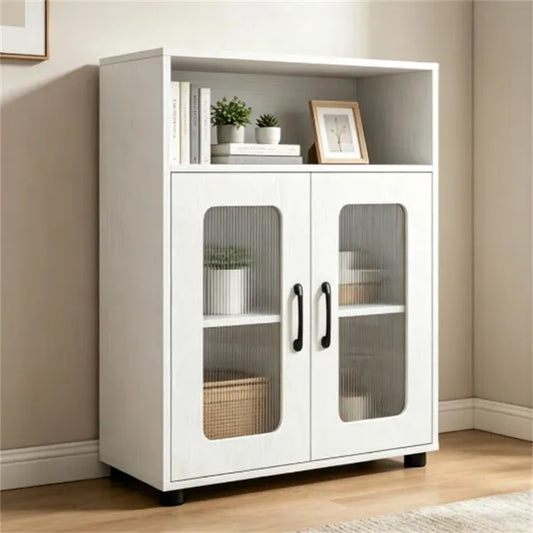 White Modern Engineered Wood Bathroom Cabinet With Open Compartment