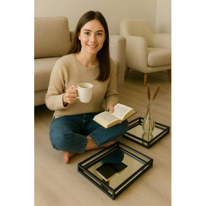 Handcrafted Glass With Metal Frame Serving Tray - 20x20x3 Inches Rustic & Elegant Design For Entertaining-Set Of 2 - view 2