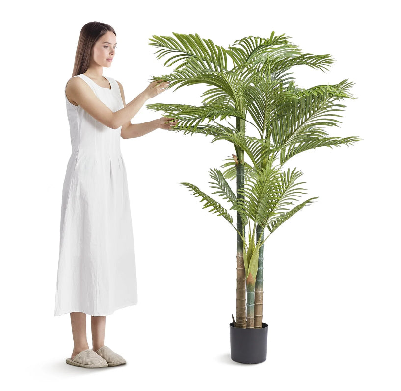 Artificial Gold Cane Palm Tree, 6.5 FT Tall Faux Plant, PE Material & Anti-Tip Tilt Protection Low-Maintenance Plant