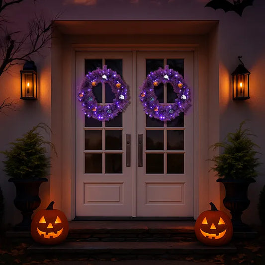 24in Pre-lit Halloween-Themed Christmas Wreath, Lighted Artificial Xmas Wreath With 50 Purple & Orange Lights And - view 2