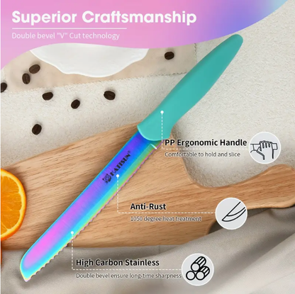 14-Piece Rainbow Colored High Carbon Stainless Steel Kitchen Knife Set, Titanium Coated Blade, Rust-Free & Super Sharp - view 6