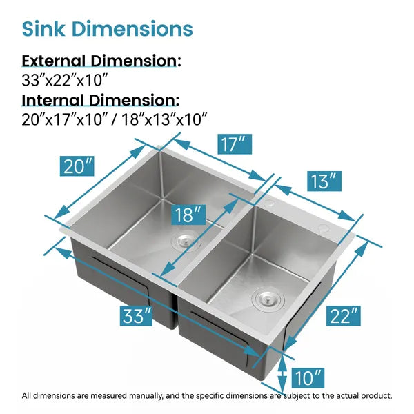 33' x19' Embedded Double Bowl Kitchen Sink, Overmount Handmade Sink In Brushed - Sink Only - Unable Ship Weekends - view 6