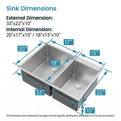 33' x19' Embedded Double Bowl Kitchen Sink, Overmount Handmade Sink In Brushed - Sink Only - Unable Ship Weekends - view 6