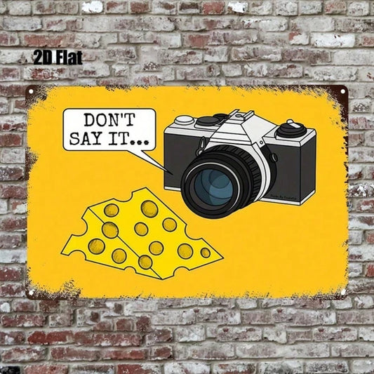 Vintage Camera & Cheese Metal Tin Sign 8x12 Inch, Retro Farmhouse Kitchen Decor, Antique Cafe Bar Garage Wall Art