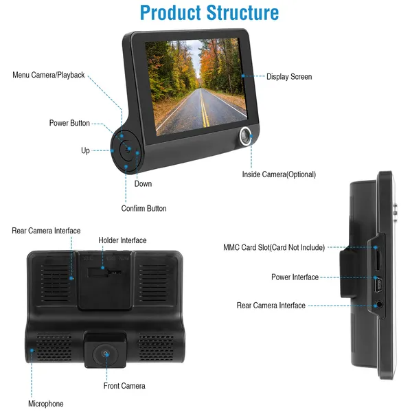 1296P Car DVR Dash Camera 4In 3 Lens Vehicle Driving Recorder Seamless Recording - view 4