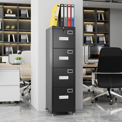 4 Drawer Vertical File Cabinet On Wheels, Lockable Office Files Storage Cabinet With Handle And Name Card