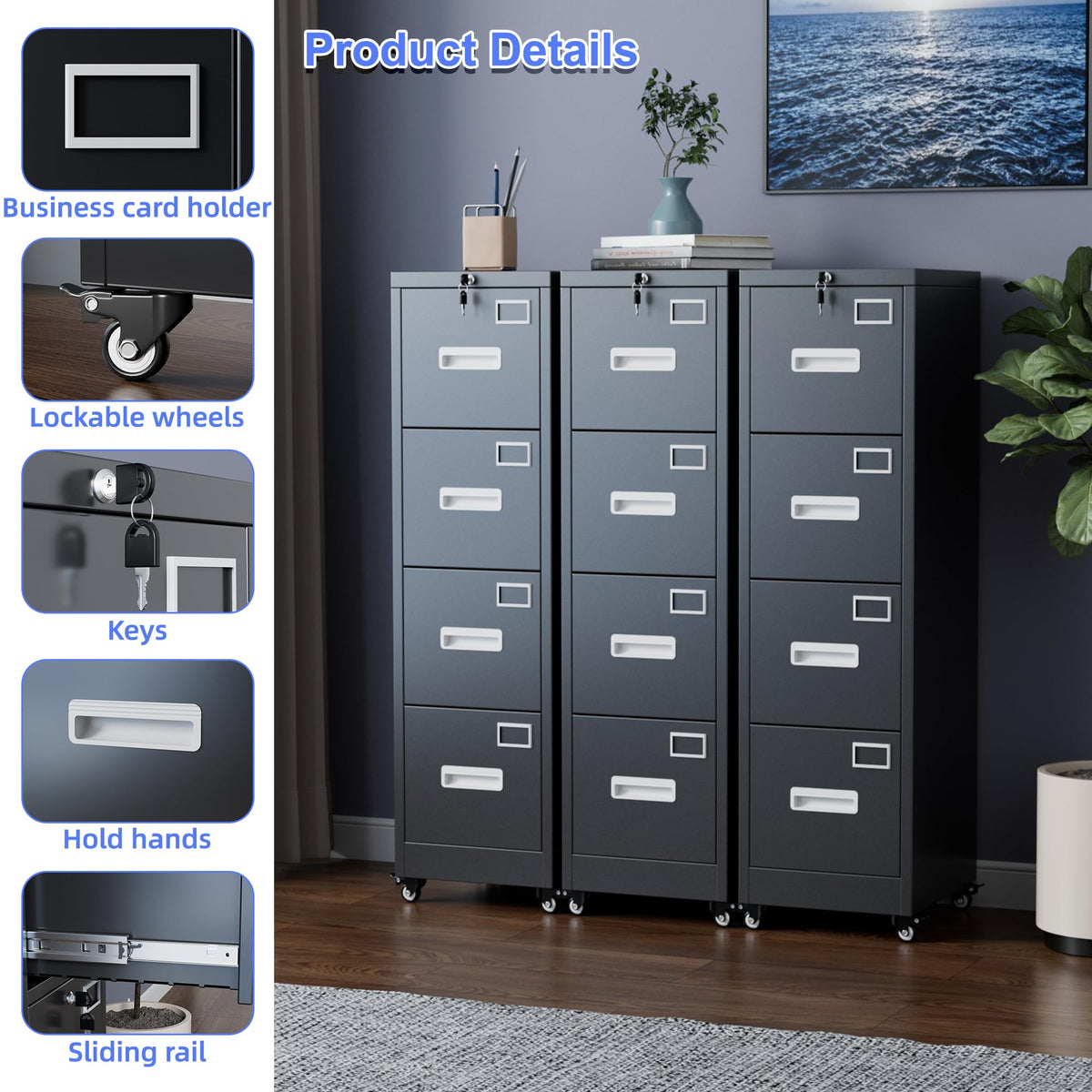 4 Drawer Vertical File Cabinet On Wheels, Lockable Office Files Storage Cabinet With Handle And Name Card - view 6