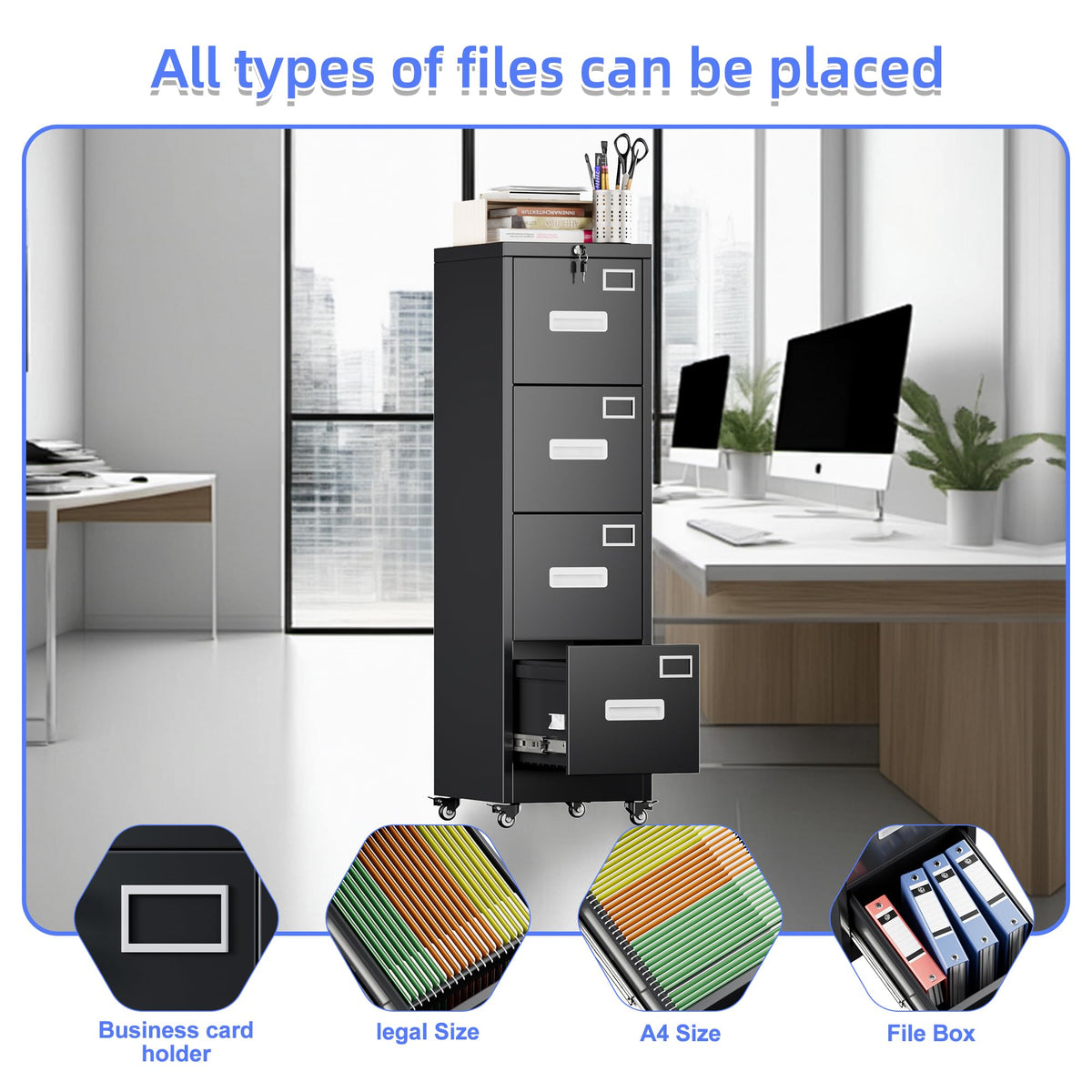 4 Drawer Vertical File Cabinet On Wheels, Lockable Office Files Storage Cabinet With Handle And Name Card - view 7