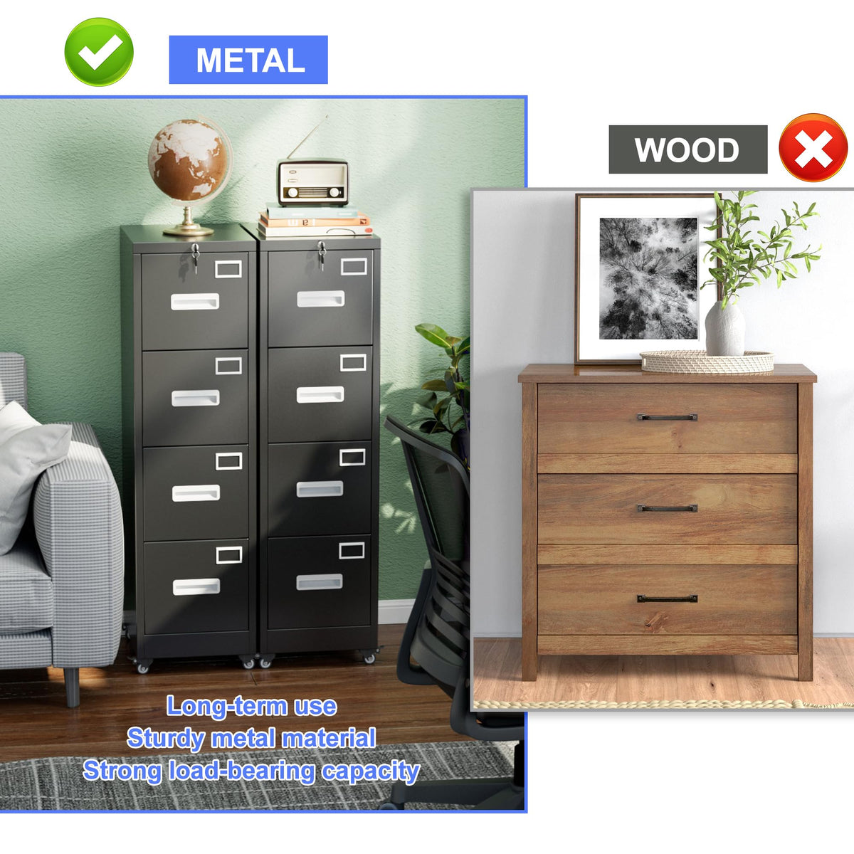 4 Drawer Vertical File Cabinet On Wheels, Lockable Office Files Storage Cabinet With Handle And Name Card - view 4