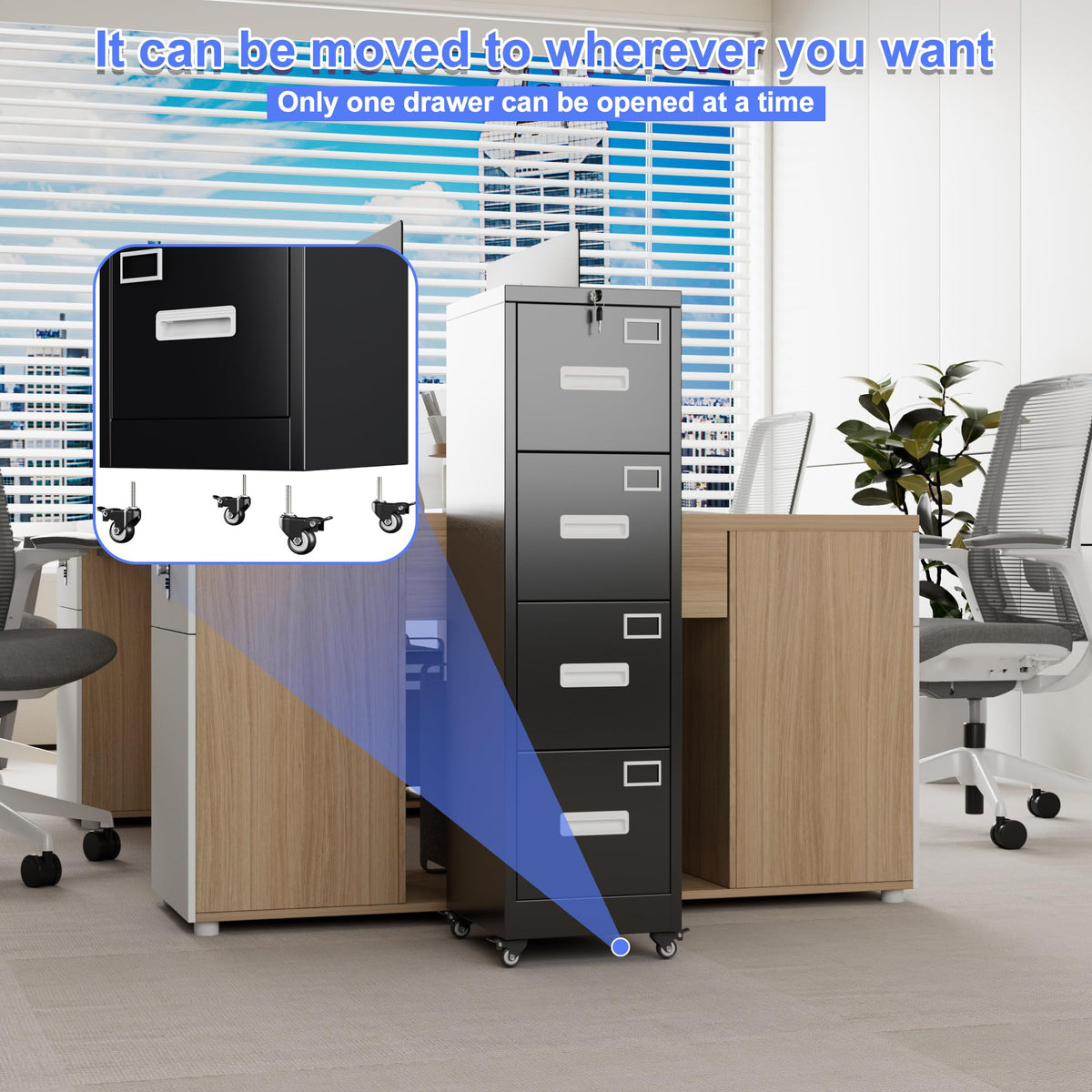 4 Drawer Vertical File Cabinet On Wheels, Lockable Office Files Storage Cabinet With Handle And Name Card - view 5