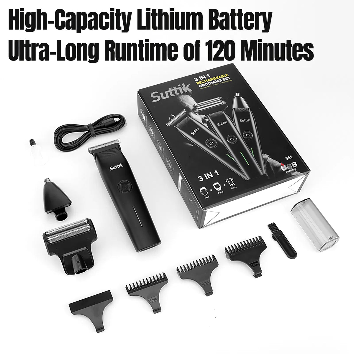Beard Trimmer, 3 In 1 Hair Clippers And Mens Grooming Kit, Face, Nose, Ear Hair Trimmer - Black - view 4