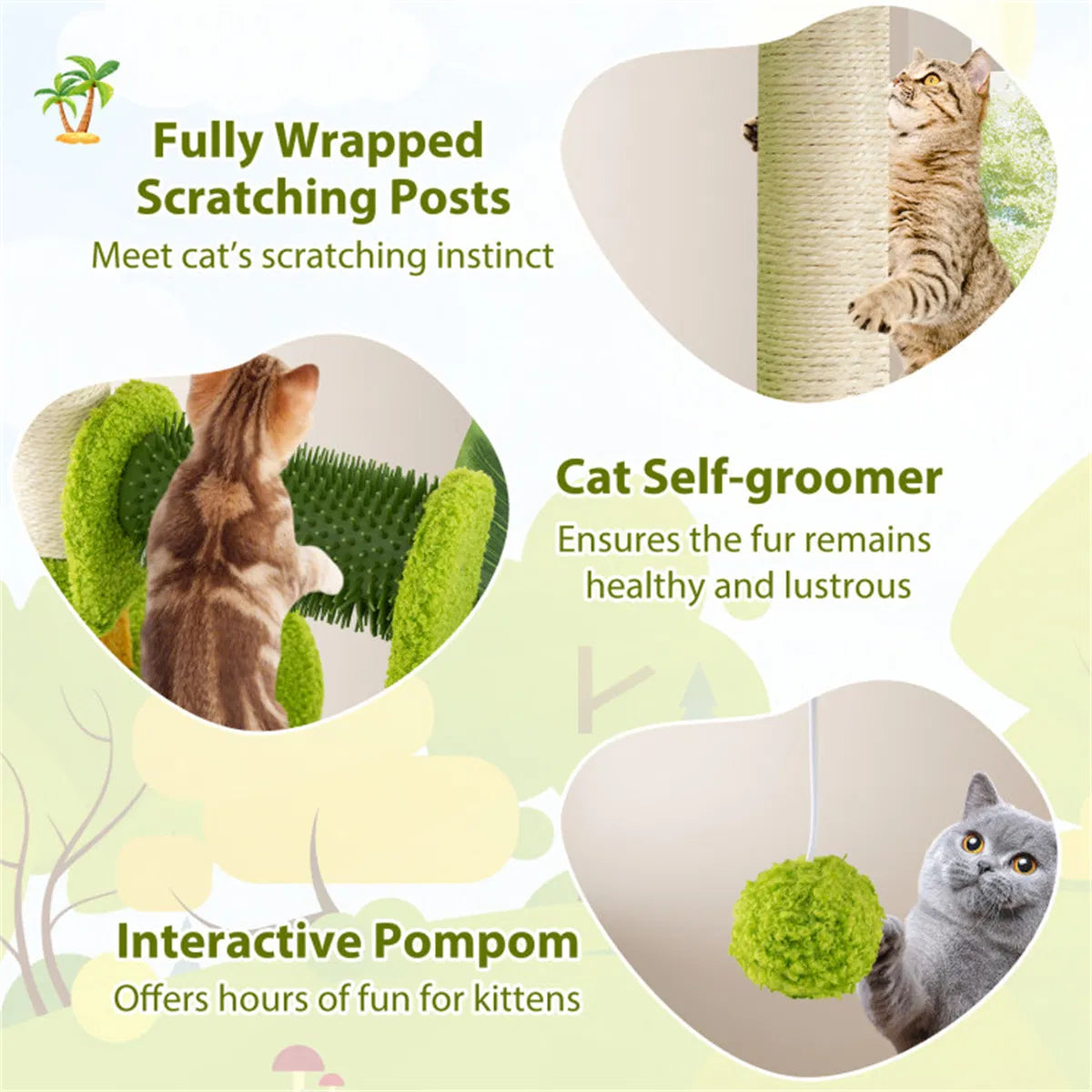 Cat Tree - 22LBS Capacity, Palm Tree Design with Self-Groomer & Scratching Posts - view 4
