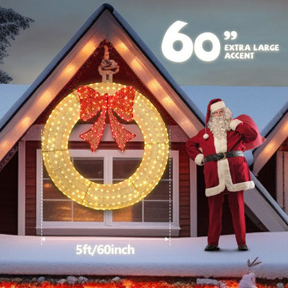 60in Pre-Lit Outdoor Christmas Wreath Decoration, LED Metal Holiday Decor For Home Exterior, Garden W 400 Lights, Bow - view 6