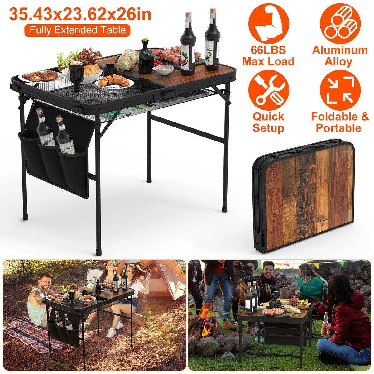 35.43x23.62x26in Foldable Camping Table Collapsible Picnic Aluminum Alloy Grill Stand 66LBS Max Load Height Adjustable - view 7