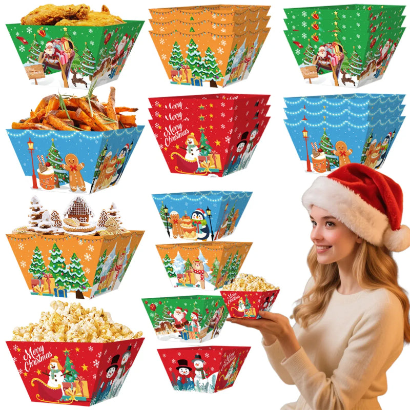 12 Pcs Christmas Paper Food Tray Tree Santa Gingerbread Elk Pattern Snack Bowl Xmas Party Disposable Paper Serving Tray