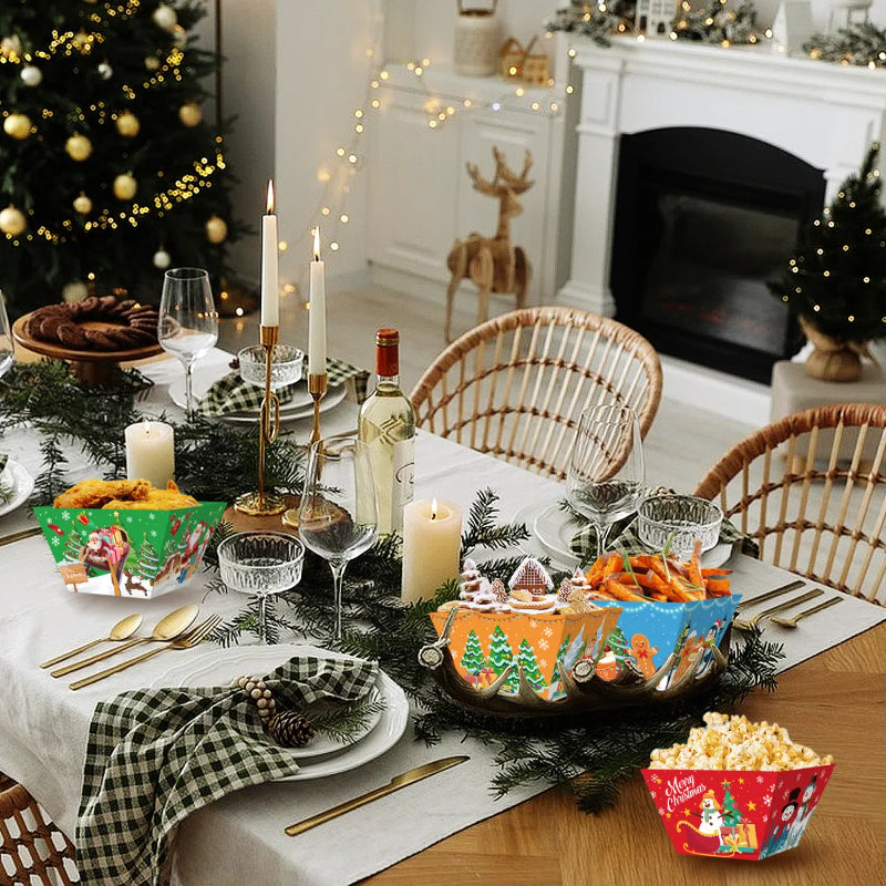 12 Pcs Christmas Paper Food Tray Tree Santa Gingerbread Elk Pattern Snack Bowl Xmas Party Disposable Paper Serving Tray - view 4