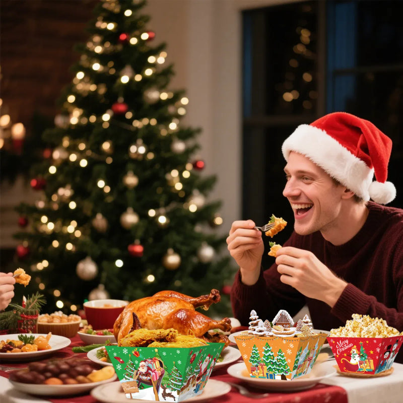 12 Pcs Christmas Paper Food Tray Tree Santa Gingerbread Elk Pattern Snack Bowl Xmas Party Disposable Paper Serving Tray - view 6