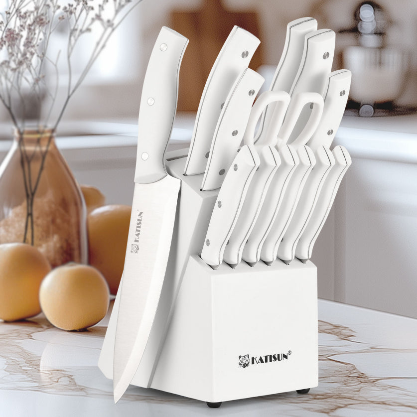 15 Pieces Of White Carbon Steel Blade Kitchen Knife Set, Equipped With A Genuine Wooden Frame, Internal Sharpener - view 3